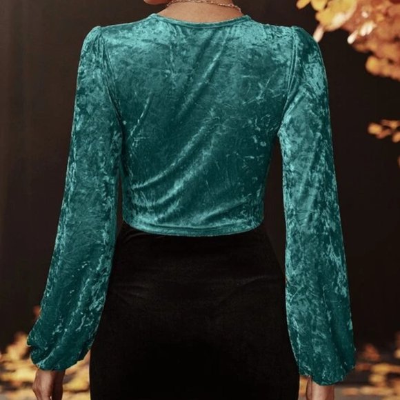 Cadet Blue V Neck Long Sleeves Velvet Blouse in M and L - Picture 2 of 3